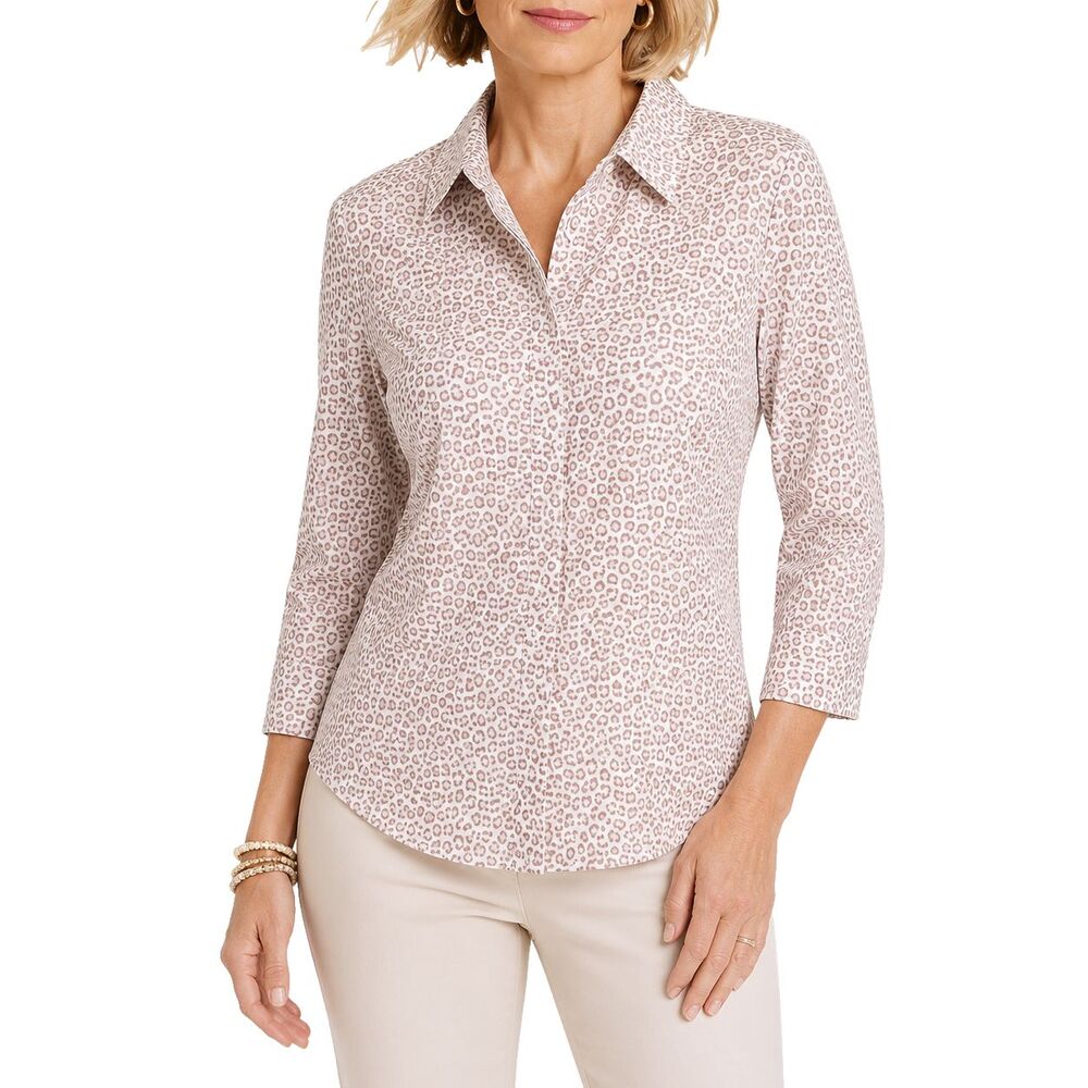 Chicos Womens Shirt 0 S Beige Cheetah Leopard Print Cotton Button Up Animal Top